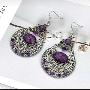 Vintage Silver Color Round Gemstone Dangles Boho Style Carved Earrings For Women